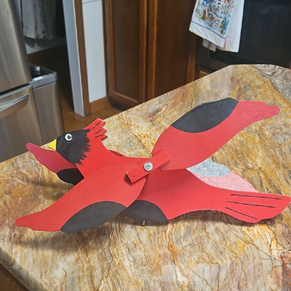 Red and Black Wooden Bird Whirligig Or Windmill